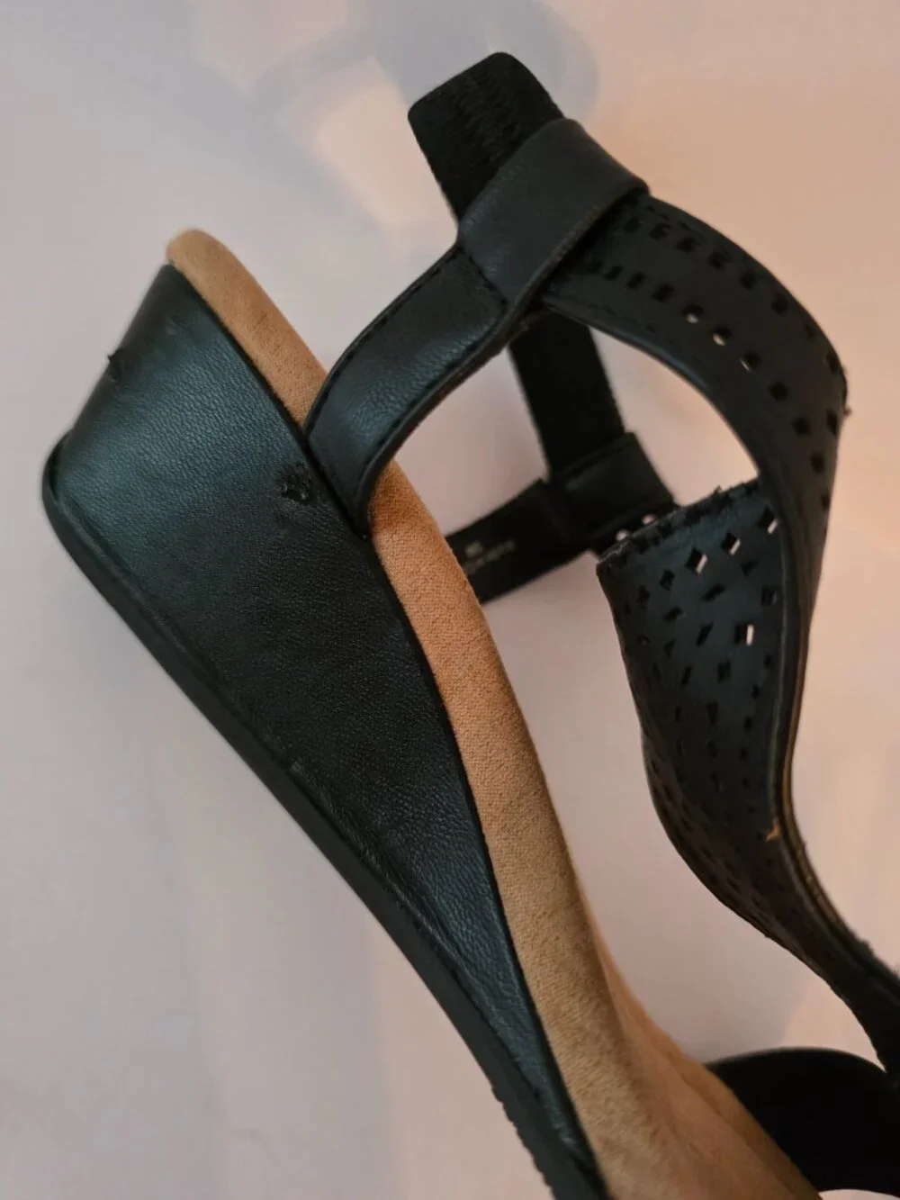 Alfani Step N Flex Black Perforated T-Strap Wedge Sandals, Size 5M